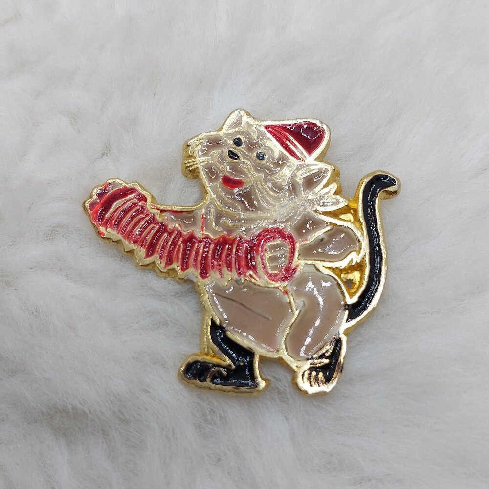 Vintage Walt Disney Gold-Tone Enamel Cat Brooch Playing an Accordio